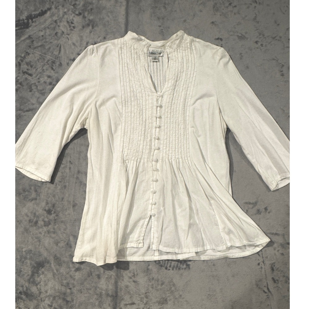 Coldwater Creek White Pintuck Blouse 3/4 Sleeve Button Front Top M cottage core